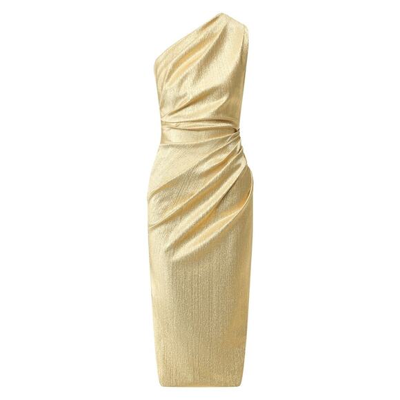 NWT DOLCE & GABBANA One-shoulder Metallic Silk blend Midi Dress Gold 40 S - Picture 1 of 10